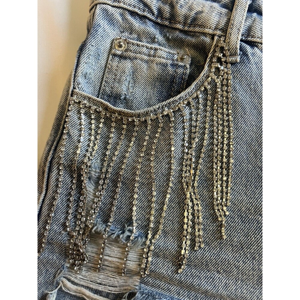 Adika Rhinestone Fringe Denim Shorts Sz S Distressed Festival Disco Cowgirl 27 - Picture 3 of 7